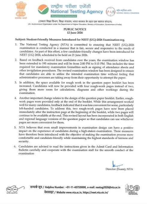 NEET UG 2026 extra minutes NTA changes